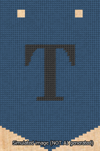 A simulated image of the stitched needlepoint design: Banner 13m Pointed T Black on Blue. Not A.I. generated.