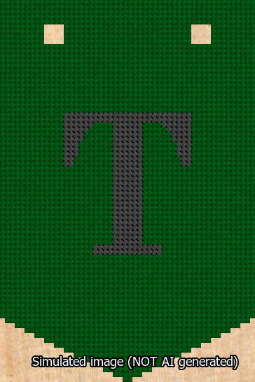 A simulated image of the stitched needlepoint design: Banner 13m Pointed T Black on Green. Not A.I. generated.