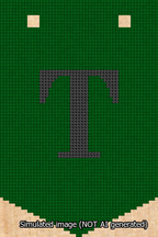 A simulated image of the stitched needlepoint design: Banner 13m Pointed T Black on Green. Not A.I. generated.