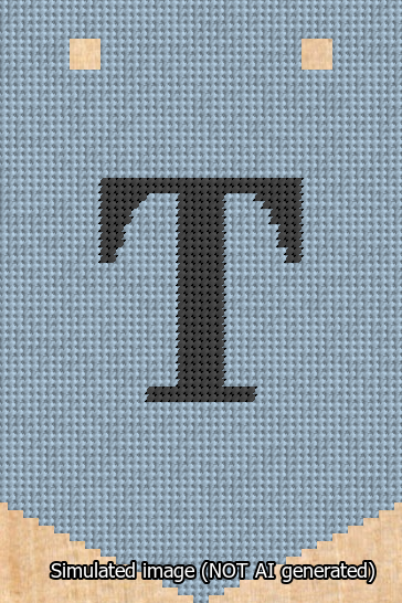 A simulated image of the stitched needlepoint design: Banner 13m Pointed T Black on Light Blue. Not A.I. generated.