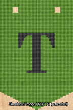 A simulated image of the stitched needlepoint design: Banner 13m Pointed T Black on Light Green. Not A.I. generated.