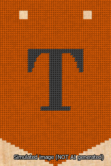 A simulated image of the stitched needlepoint design: Banner 13m Pointed T Black on Orange. Not A.I. generated.