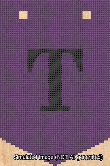 A simulated image of the stitched needlepoint design: Banner 13m Pointed T Black on Purple. Not A.I. generated.