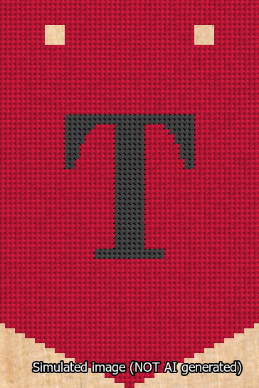 A simulated image of the stitched needlepoint design: Banner 13m Pointed T Black on Red. Not A.I. generated.