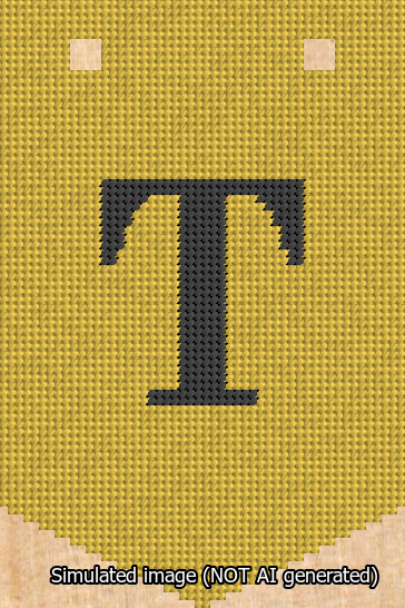 A simulated image of the stitched needlepoint design: Banner 13m Pointed T Black on Yellow. Not A.I. generated.
