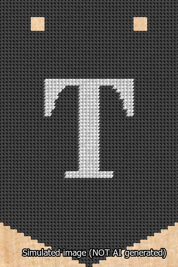 A simulated image of the stitched needlepoint design: Banner 13m Pointed T White on Black. Not A.I. generated.