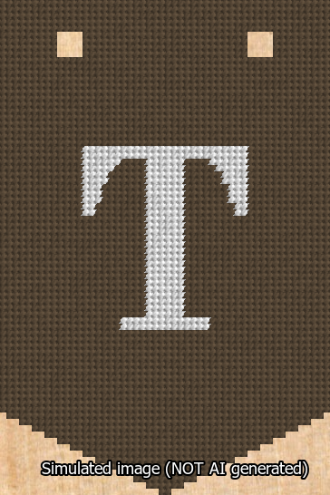A simulated image of the stitched needlepoint design: Banner 13m Pointed T White on Brown. Not A.I. generated.