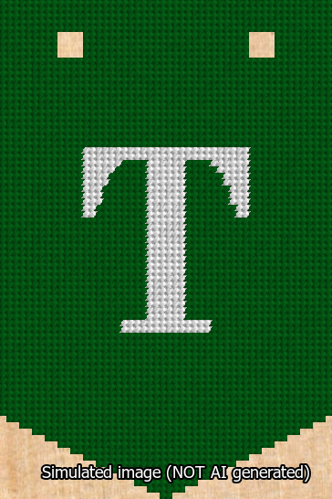 A simulated image of the stitched needlepoint design: Banner 13m Pointed T White on Green. Not A.I. generated.