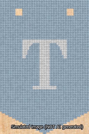 A simulated image of the stitched needlepoint design: Banner 13m Pointed T White on Light Blue. Not A.I. generated.