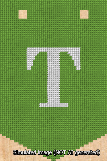 A simulated image of the stitched needlepoint design: Banner 13m Pointed T White on Light Green. Not A.I. generated.