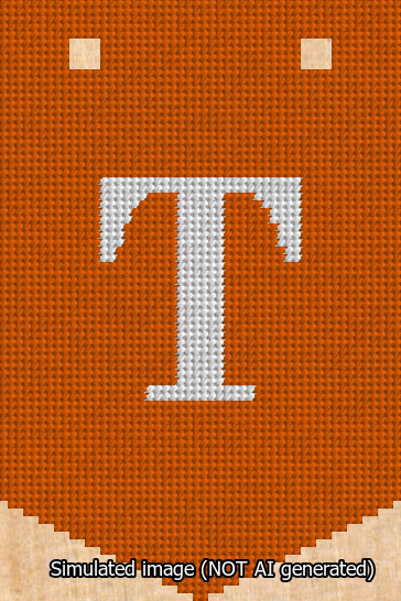 A simulated image of the stitched needlepoint design: Banner 13m Pointed T White on Orange. Not A.I. generated.