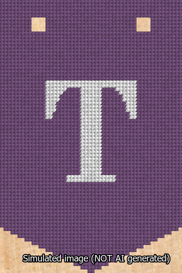 A simulated image of the stitched needlepoint design: Banner 13m Pointed T White on Purple. Not A.I. generated.