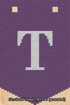 A simulated image of the stitched needlepoint design: Banner 13m Pointed T White on Purple. Not A.I. generated.