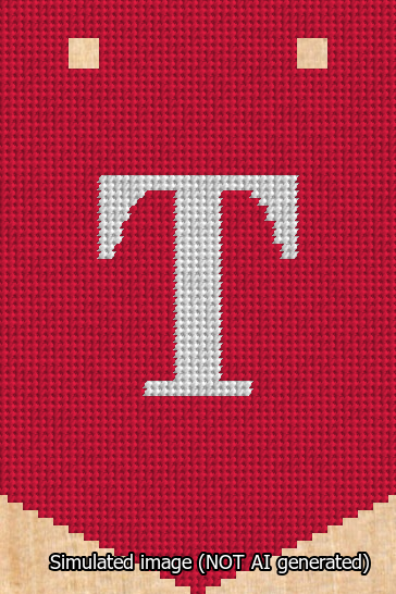 A simulated image of the stitched needlepoint design: Banner 13m Pointed T White on Red. Not A.I. generated.