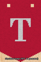 A simulated image of the stitched needlepoint design: Banner 13m Pointed T White on Red. Not A.I. generated.