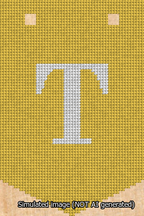 A simulated image of the stitched needlepoint design: Banner 13m Pointed T White on Yellow. Not A.I. generated.
