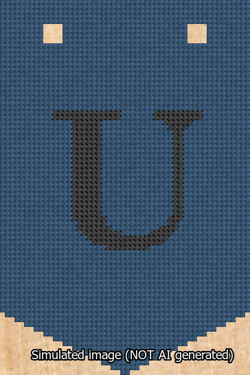 A simulated image of the stitched needlepoint design: Banner 13m Pointed U Black on Blue. Not A.I. generated.