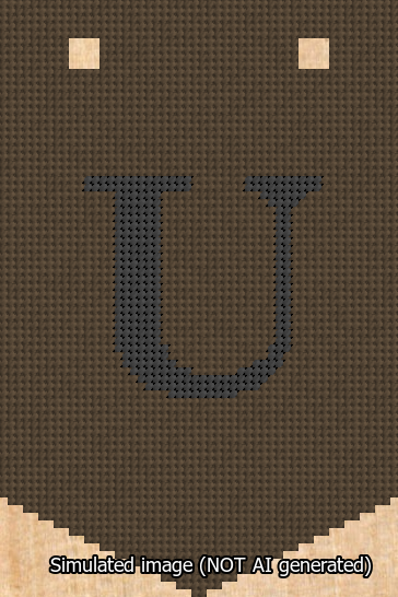 A simulated image of the stitched needlepoint design: Banner 13m Pointed U Black on Brown. Not A.I. generated.