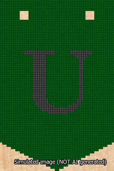 A simulated image of the stitched needlepoint design: Banner 13m Pointed U Black on Green. Not A.I. generated.
