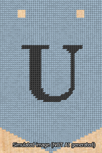 A simulated image of the stitched needlepoint design: Banner 13m Pointed U Black on Light Blue. Not A.I. generated.