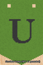 A simulated image of the stitched needlepoint design: Banner 13m Pointed U Black on Light Green. Not A.I. generated.