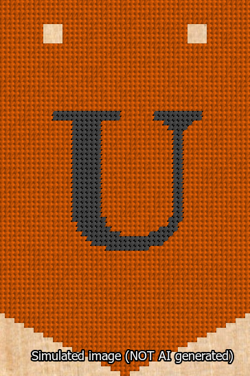 A simulated image of the stitched needlepoint design: Banner 13m Pointed U Black on Orange. Not A.I. generated.