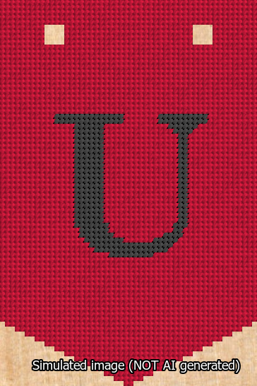 A simulated image of the stitched needlepoint design: Banner 13m Pointed U Black on Red. Not A.I. generated.