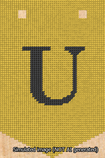 A simulated image of the stitched needlepoint design: Banner 13m Pointed U Black on Yellow. Not A.I. generated.