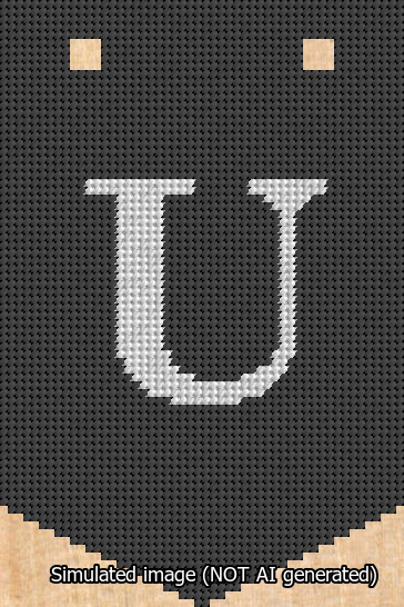 A simulated image of the stitched needlepoint design: Banner 13m Pointed U White on Black. Not A.I. generated.