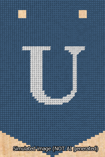 A simulated image of the stitched needlepoint design: Banner 13m Pointed U White on Blue. Not A.I. generated.