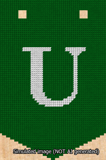 A simulated image of the stitched needlepoint design: Banner 13m Pointed U White on Green. Not A.I. generated.