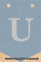 A simulated image of the stitched needlepoint design: Banner 13m Pointed U White on Light Blue. Not A.I. generated.