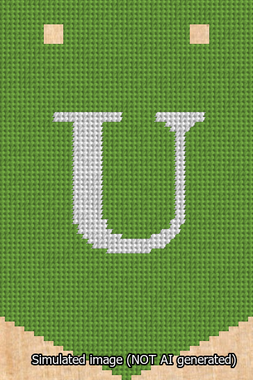 A simulated image of the stitched needlepoint design: Banner 13m Pointed U White on Light Green. Not A.I. generated.