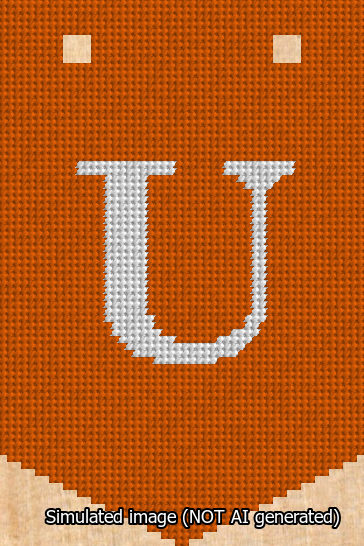 A simulated image of the stitched needlepoint design: Banner 13m Pointed U White on Orange. Not A.I. generated.
