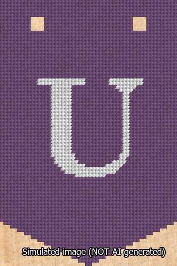 A simulated image of the stitched needlepoint design: Banner 13m Pointed U White on Purple. Not A.I. generated.