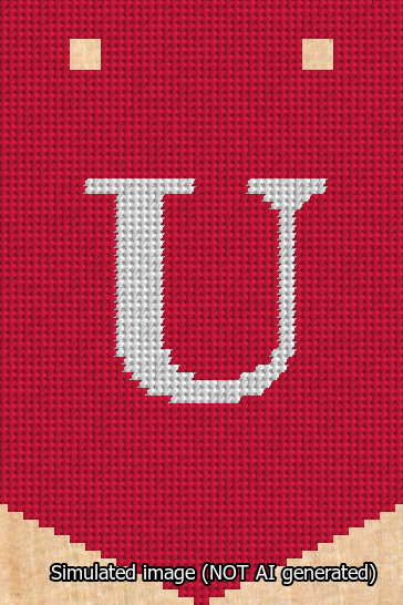 A simulated image of the stitched needlepoint design: Banner 13m Pointed U White on Red. Not A.I. generated.