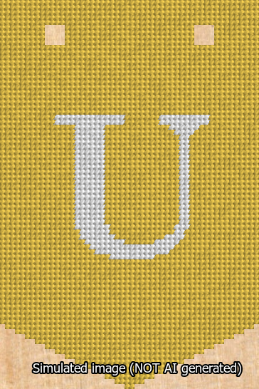 A simulated image of the stitched needlepoint design: Banner 13m Pointed U White on Yellow. Not A.I. generated.