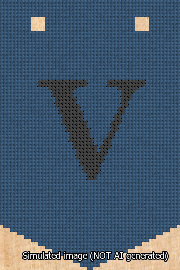 A simulated image of the stitched needlepoint design: Banner 13m Pointed V Black on Blue. Not A.I. generated.
