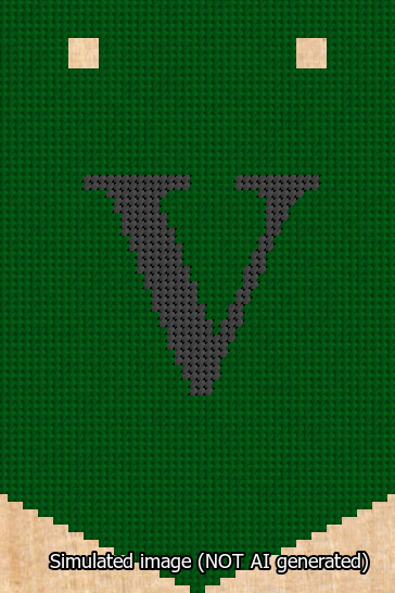 A simulated image of the stitched needlepoint design: Banner 13m Pointed V Black on Green. Not A.I. generated.