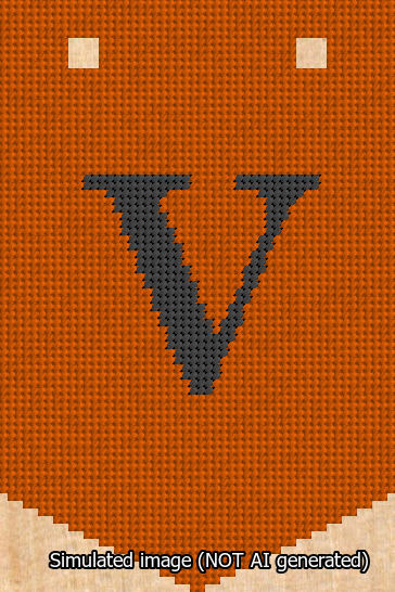 A simulated image of the stitched needlepoint design: Banner 13m Pointed V Black on Orange. Not A.I. generated.