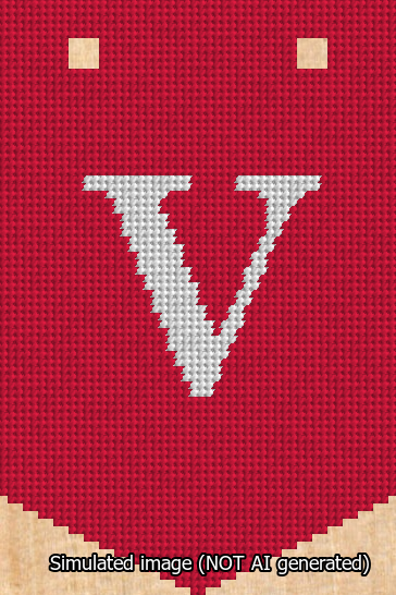A simulated image of the stitched needlepoint design: Banner 13m Pointed V White on Red. Not A.I. generated.