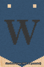 A simulated image of the stitched needlepoint design: Banner 13m Pointed W Black on Blue. Not A.I. generated.
