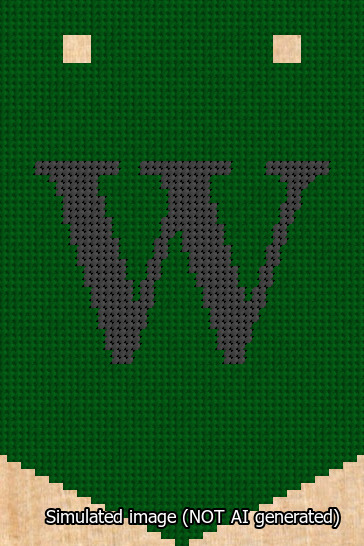 A simulated image of the stitched needlepoint design: Banner 13m Pointed W Black on Green. Not A.I. generated.