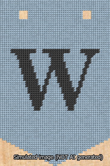 A simulated image of the stitched needlepoint design: Banner 13m Pointed W Black on Light Blue. Not A.I. generated.