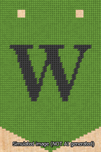 A simulated image of the stitched needlepoint design: Banner 13m Pointed W Black on Light Green. Not A.I. generated.