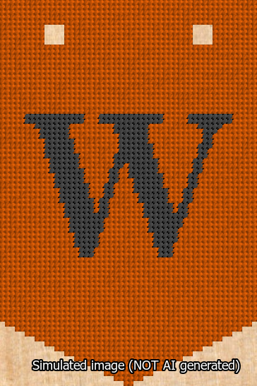A simulated image of the stitched needlepoint design: Banner 13m Pointed W Black on Orange. Not A.I. generated.