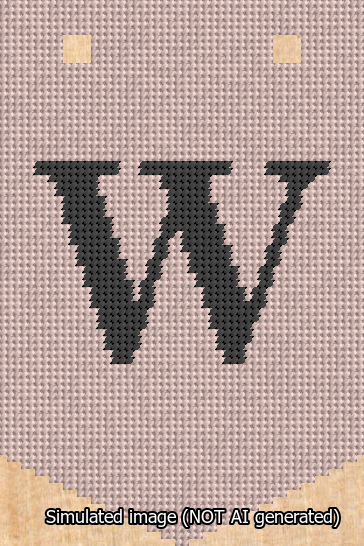 A simulated image of the stitched needlepoint design: Banner 13m Pointed W Black on Pink. Not A.I. generated.