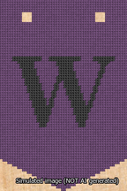 A simulated image of the stitched needlepoint design: Banner 13m Pointed W Black on Purple. Not A.I. generated.