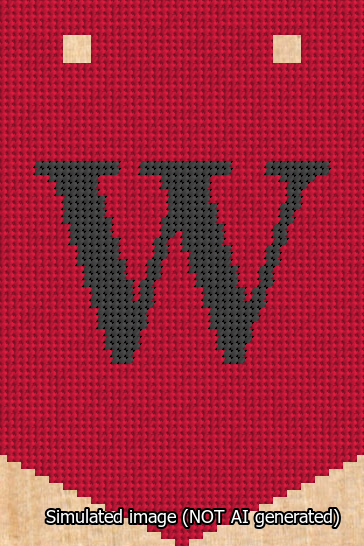 A simulated image of the stitched needlepoint design: Banner 13m Pointed W Black on Red. Not A.I. generated.
