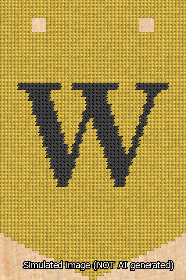 A simulated image of the stitched needlepoint design: Banner 13m Pointed W Black on Yellow. Not A.I. generated.